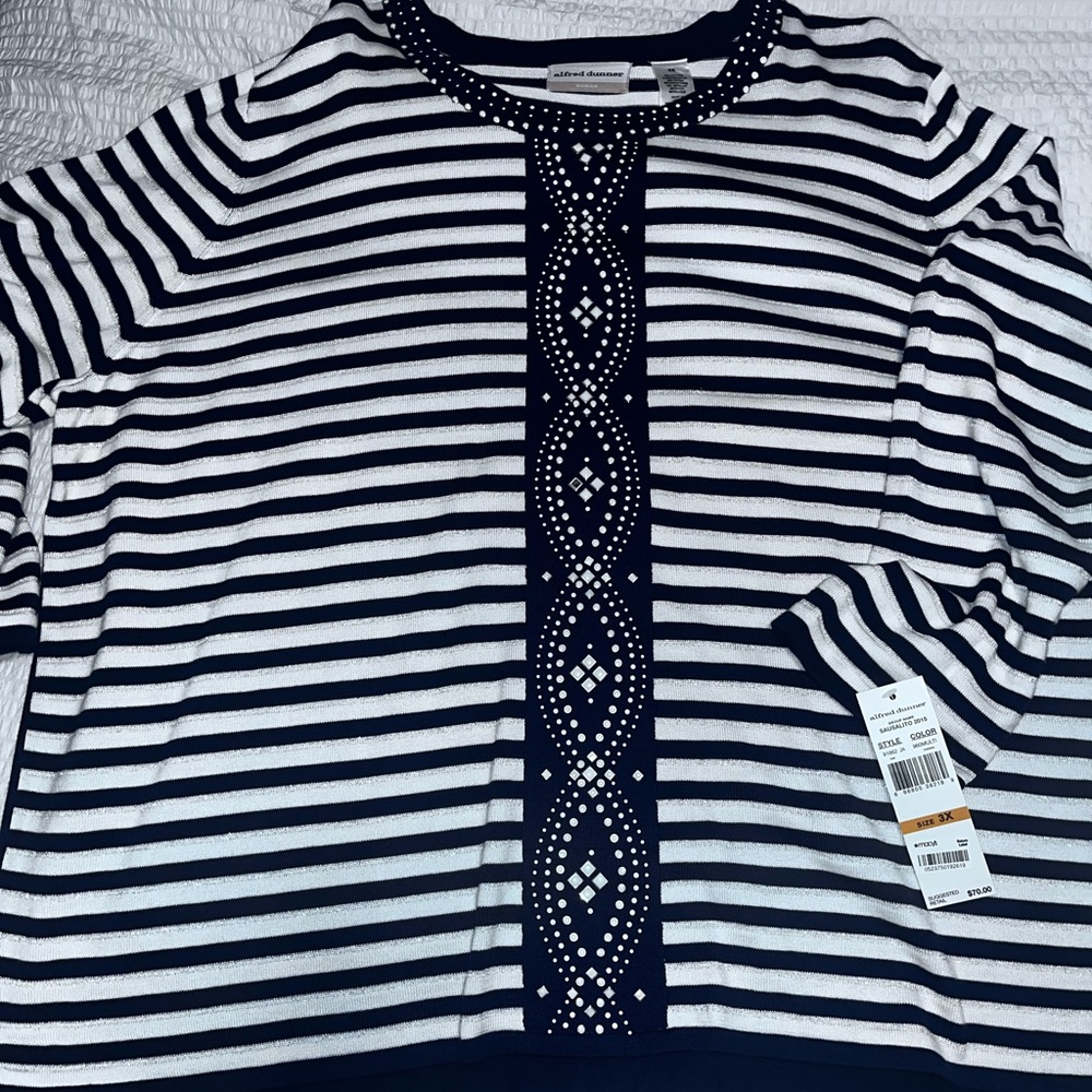 NWT Alfred Dunner Navy and White Striped Sweater